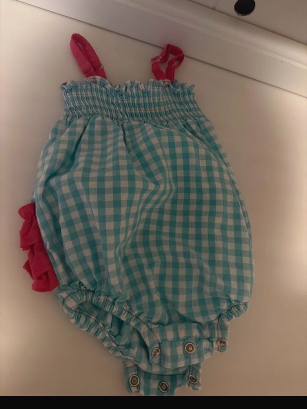 Ruffle Butts Blue Gingham One-Piece with Pink Straps